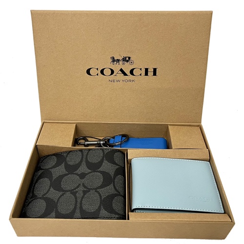 【COACH】C LOGO男款8卡短夾附鑰匙圈活動證件夾禮盒(黑灰/綠)