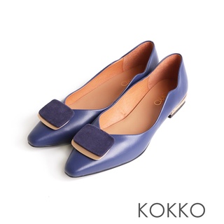 KOKKO設計款異材質拼接金屬扣綿羊皮尖頭鞋深藍色