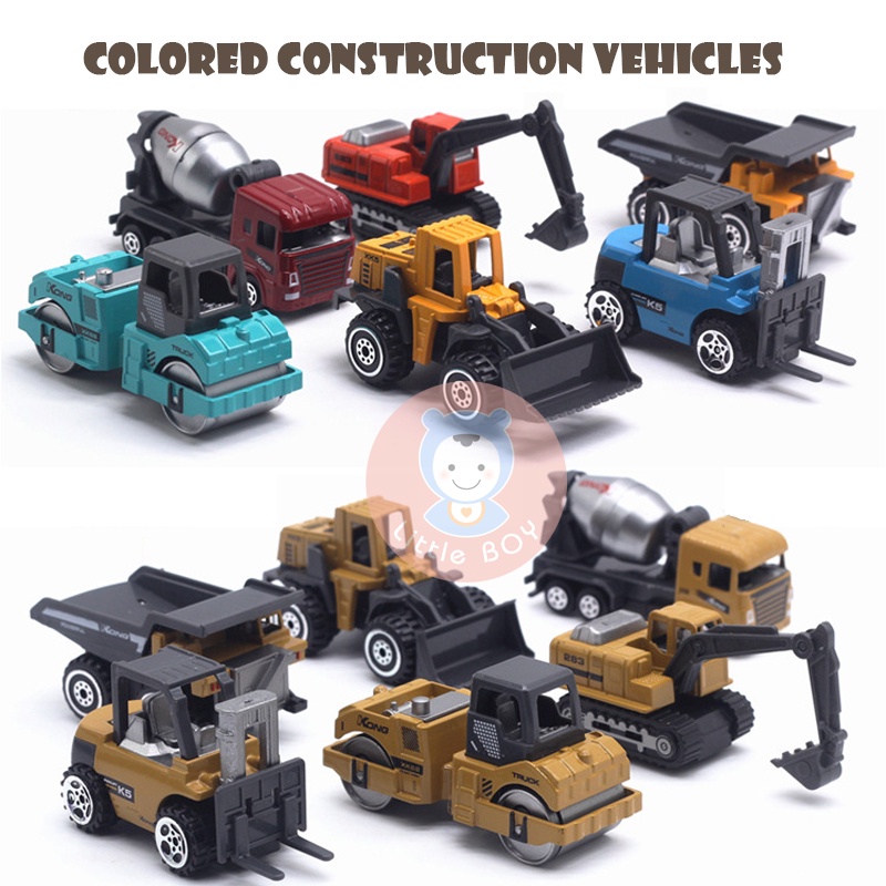 24小時內出貨！一盒6只裝 口袋玩具 Q版彩色卡通合金玩具工程車 合金玩具挖掘機推土機叉車重卡車