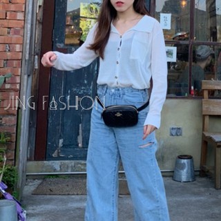 黃杏現貨秒出售完不再💙實拍【JinG】純色立領透膚口袋排扣上衣 薄針織長袖素T 繽紛V領 襯衫 打底上衣 防曬罩衫