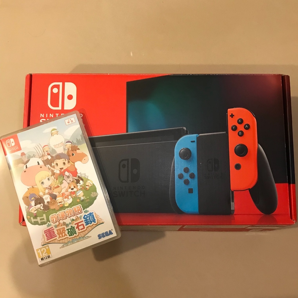 任天堂 Nintendo Switch 電光藍 電光紅 電力加強版 主機 台灣公司貨 二手 近全新 贈 牧場物語 遊戲片
