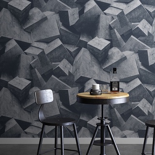 復古3D立體磚塊石塊幾何延伸空間墻紙工業風水泥灰色壁紙防水餐廳