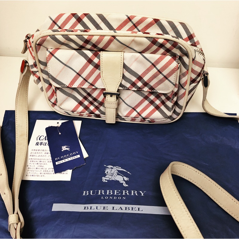正品 二手 Burberry Blue Label經典格紋肩 斜揹包托特包馬鞍包白色格紋藍標 蝦皮購物