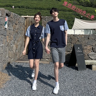 【COUPLE】🔥🔥情侶裝夏裝新款韓版短袖男T恤女裙一裙一衣套裝