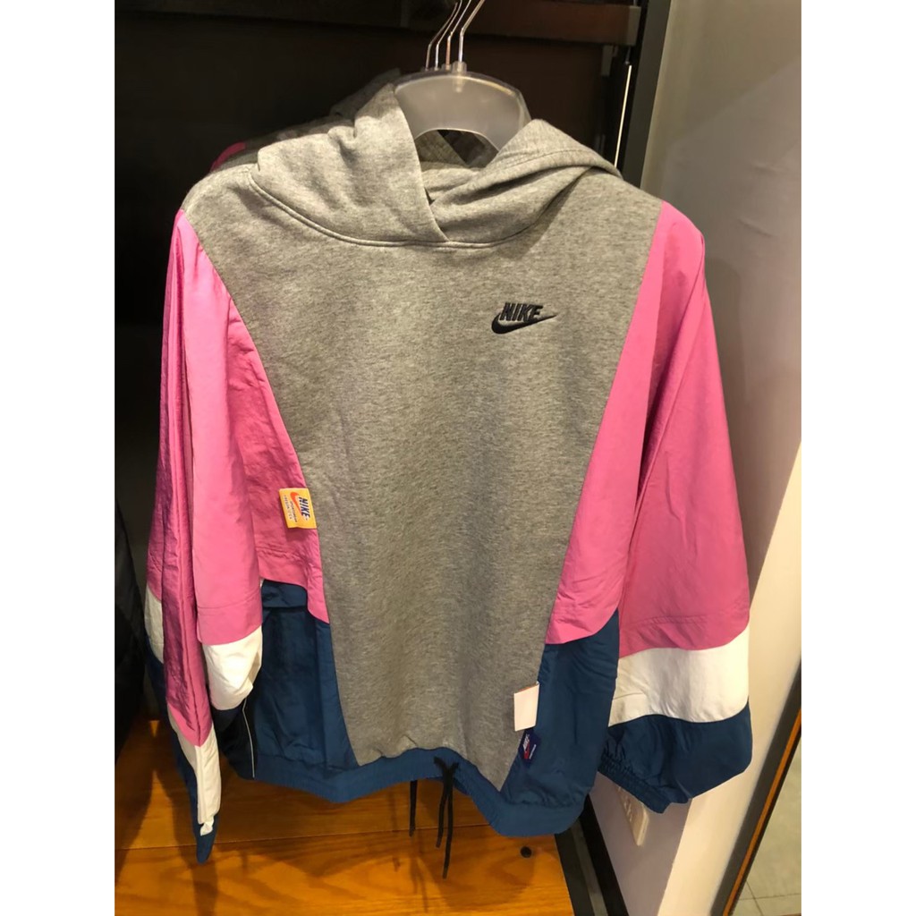 NIKE NSW 復古 異材質拼接 衝鋒衣 休閒帽T 女 穿搭 灰粉藍 運動 CJ2030-091