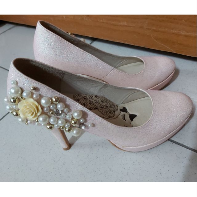 二手 DIANA 粉色 珍珠寶石花朵 婚鞋 包鞋 宴會鞋 新娘鞋