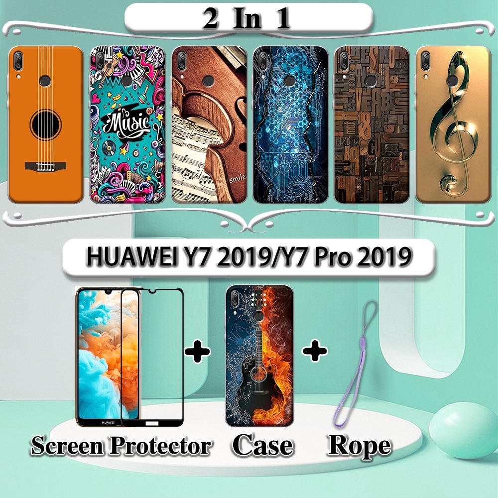 華為 2 合 1 HUAWEI Y7 2019 Y7 Pro 2019 手機殼帶鋼化玻璃曲面陶瓷屏幕保護膜音樂