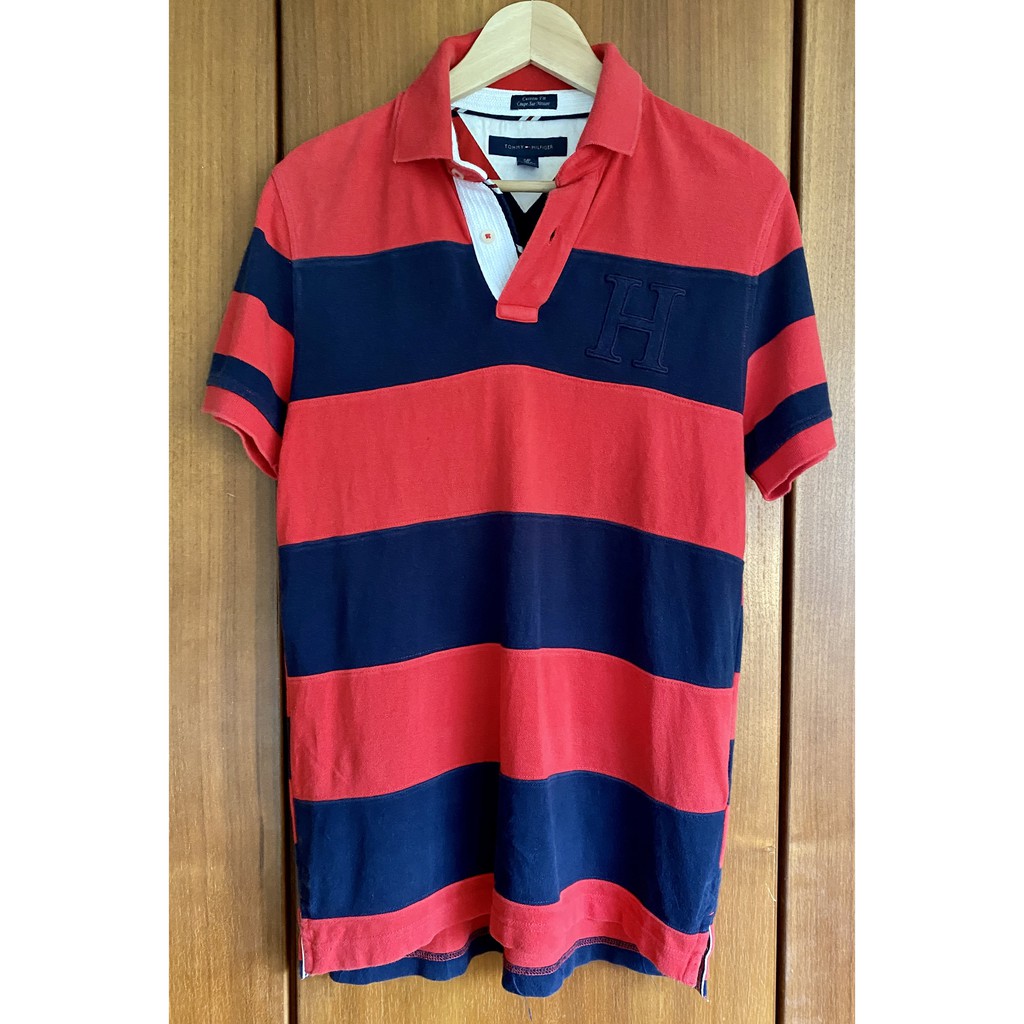 Tommy Hilfiger 紅藍色 橫條紋 短袖Polo衫(S/P)，極新，印度製