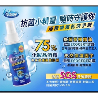 現貨/ 【淨精靈】抗菌小精靈-酒精噴霧乾洗手 輕巧隨身瓶100ml (SGS多項驗證、75%酒精、天然茶樹精油)