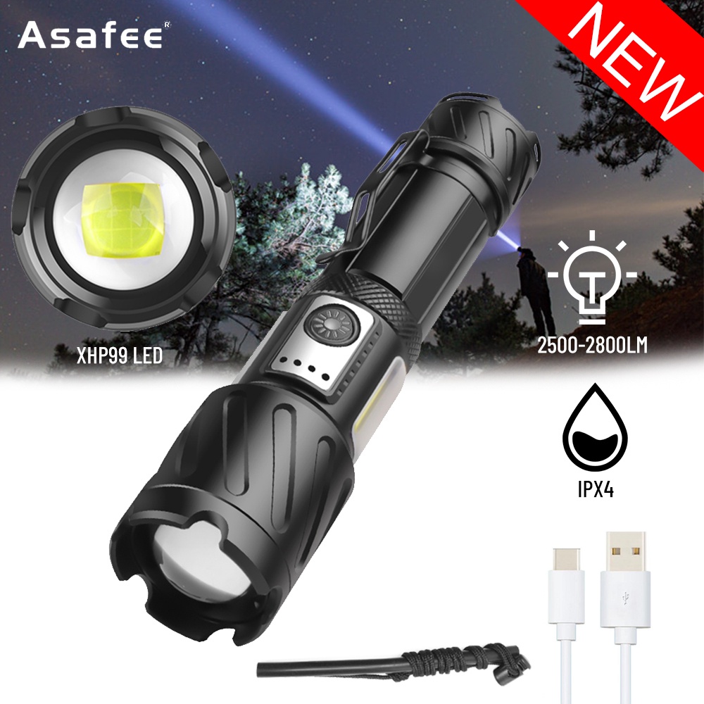 Asafee 2800LM超亮强力手電筒3690 XHP99 COB紅白光+LED可伸縮變焦手電筒可充電防水輔助補光燈