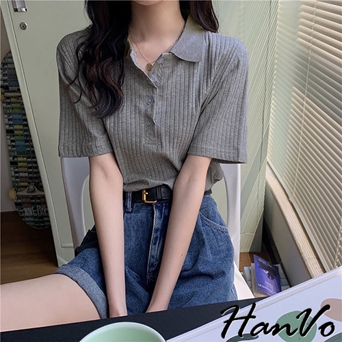 【HanVo】4顆釦釦素色POLO衫造型針織上衣 韓系休閒百搭時尚合身短袖針織上衣 韓國女裝 女生衣著 1355