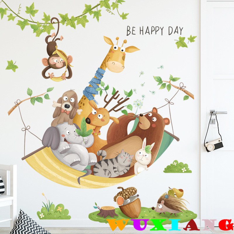 五象設計 壁貼 窗貼 卡通動物長頸鹿獅子猴子藤條幼稚園教室牆壁上佈置裝飾兒童房牆貼