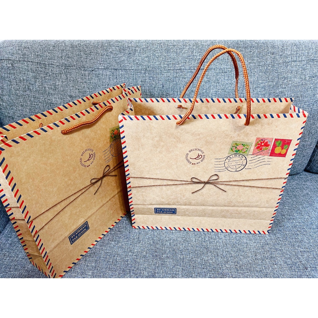 (現貨) 復古設計牛皮紙袋 棉繩把手 國際郵件設計主題 禮物袋 提袋 手拿袋 禮盒袋 立袋 購物袋 紙袋 新年紙袋 禮物