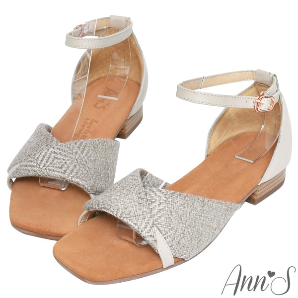 Ann’S水洗牛皮-米色麻料扭結木紋跟方頭涼拖鞋-米