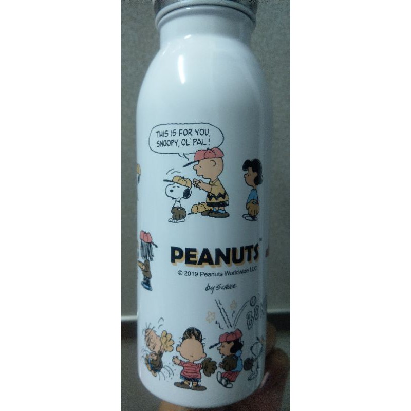 Snoopy史努比不鏽鋼保溫瓶450ml全新-牛奶瓶造型、圖案-棒球