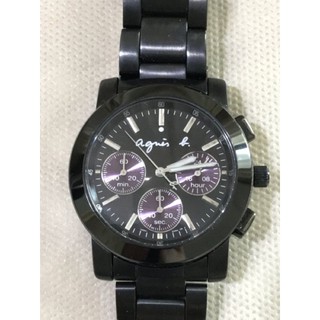 專櫃 正品Agnes b 經典黑色 紫色不銹鋼三眼計時錶 BT3032X1