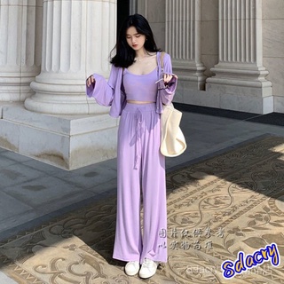 【Sdacry】休閒套裝女生 長袖上衣開衫+高腰闊腿褲寬鬆時尚套裝新款減齡三件套百搭薄款紫色防曬套裝 長袖上衣 長褲 女
