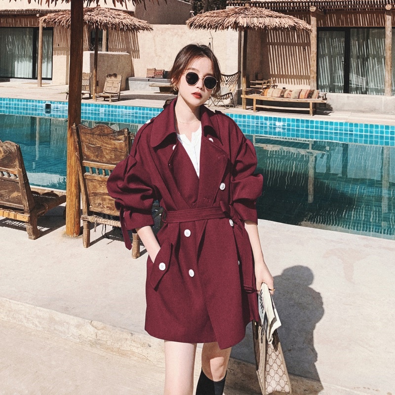 [Redfox]韓國經典中長版風衣外套/酒紅色/M&amp;L/穿搭有型質感超好