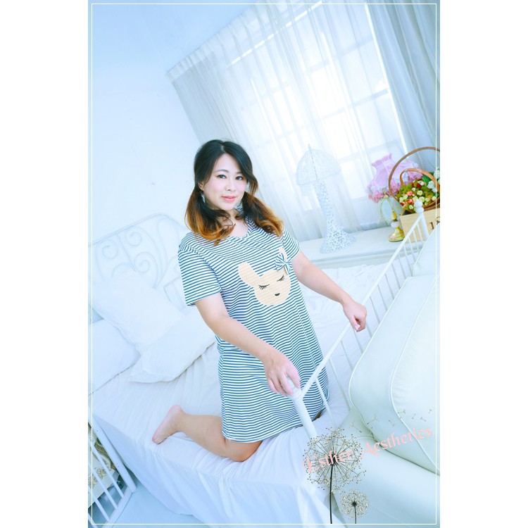 艾絲特小中大尺碼-休閒居家服 短袖睡衣睡裙 棉質柔軟 孕婦舒適坐月子 實穿實拍 深藍兔 特價279元 lsp024