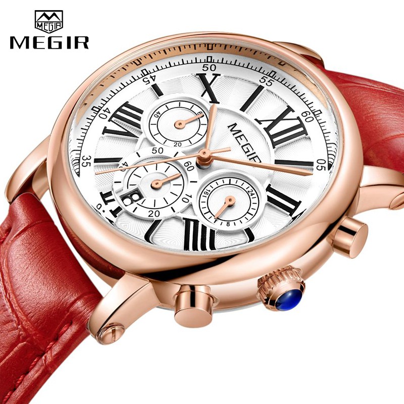 Megir 豪華紅色 2058 羅馬數字錶盤模擬石英手錶女士正裝手錶 - 計時碼表