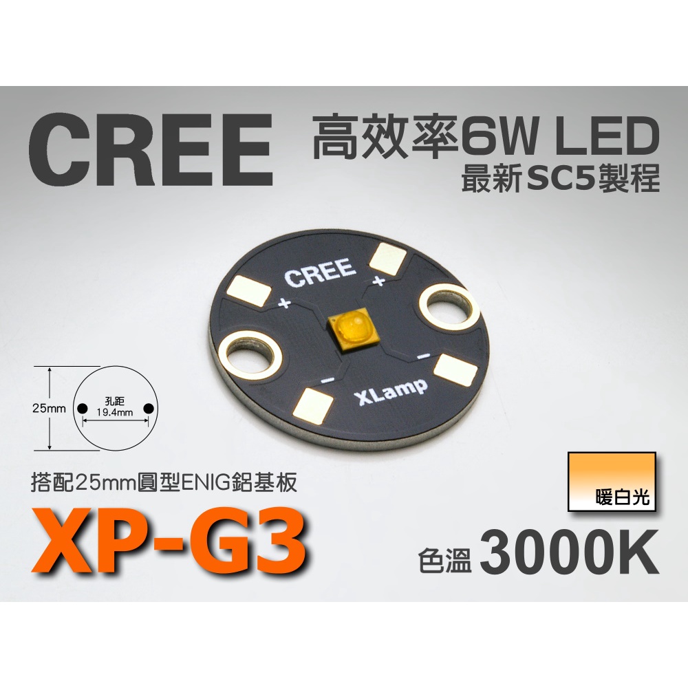 EHE】CREE XP-G3 S3 暖白光3000K 6W 高功率LED(搭25mm圓形鋁基)XPG3。可取代XP-G2