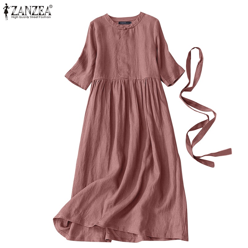 Zanzea 女士日常簡約休閒純色半袖 O 領可拆卸腰帶連衣裙