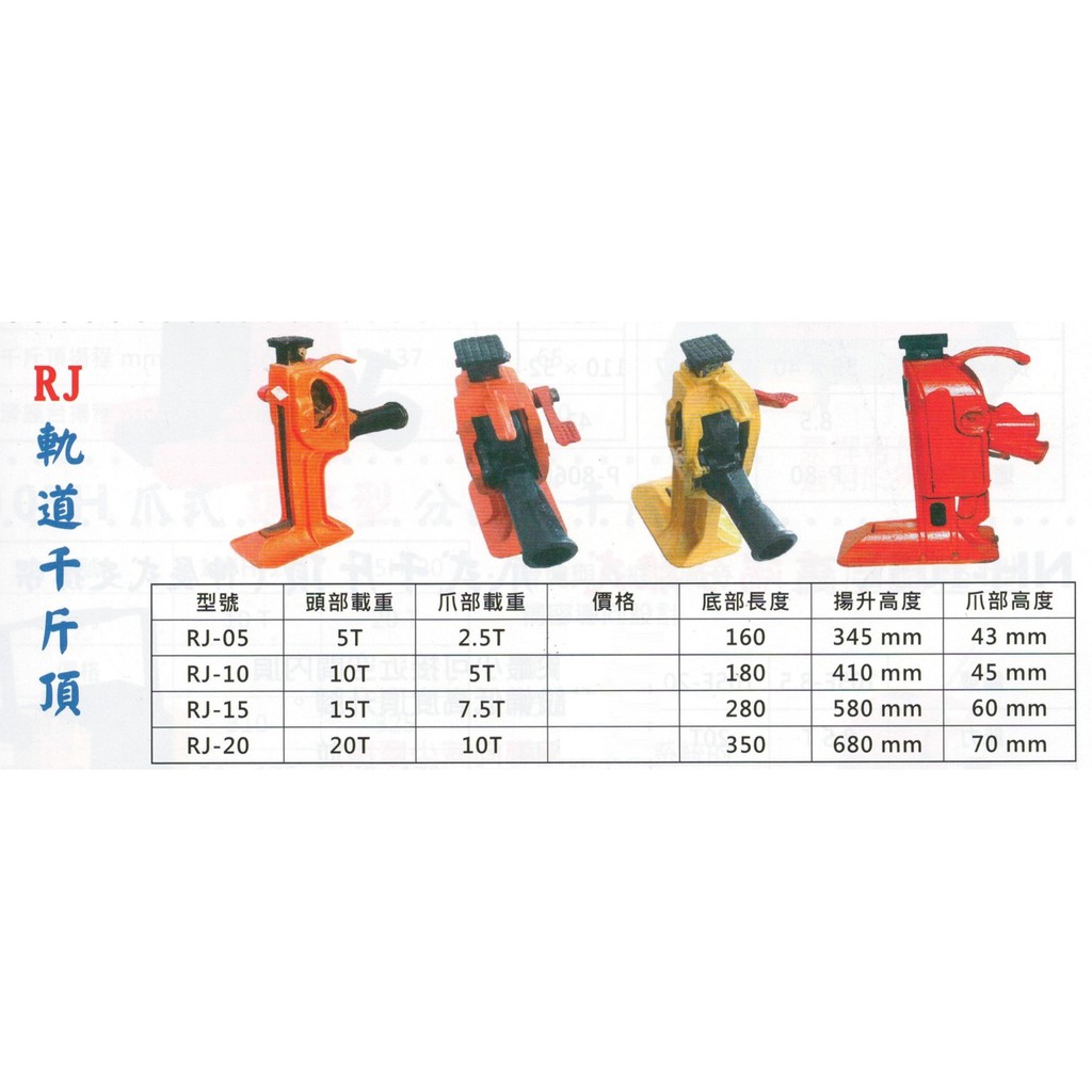 RJ 軌道千斤頂 RJ-05 5T/RJ-10 10T/RJ-15 15T/RJ-20 20T 價格請來電或留言洽詢