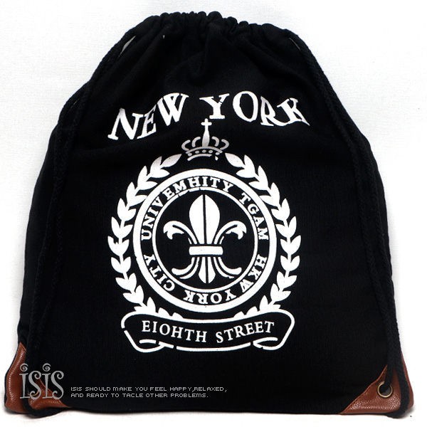 KURO-SHOP黑色 NEW YORK 百合花形 束口 帆布材質  後背包 帆布包