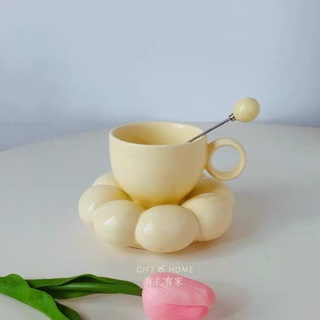 【臺灣現貨】奶fufu花朵胖胖咖啡杯碟套裝花朵杯子設計高階感陶瓷馬克杯子禮物ins生日禮物 情人節禮物 聖誕禮物交換禮物
