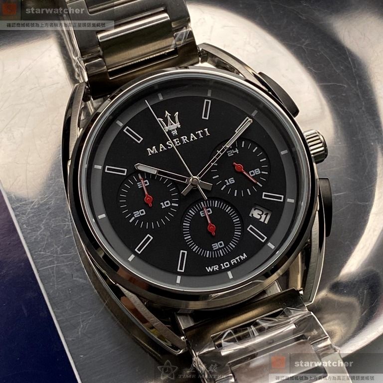MASERATI手錶,編號R8873632003,42mm銀圓形精鋼錶殼,黑色三眼, 運動錶面,銀色精鋼錶帶款