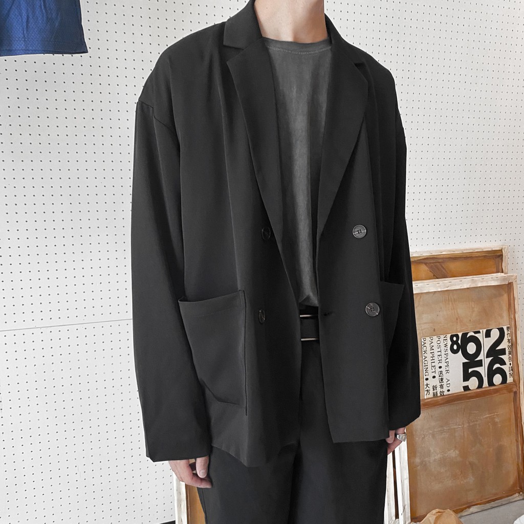 【K-2】韓國 OVERSIZE 西裝外套 寬鬆 落肩 素面 黑色 暗黑 TARPBAE 夜店 西裝