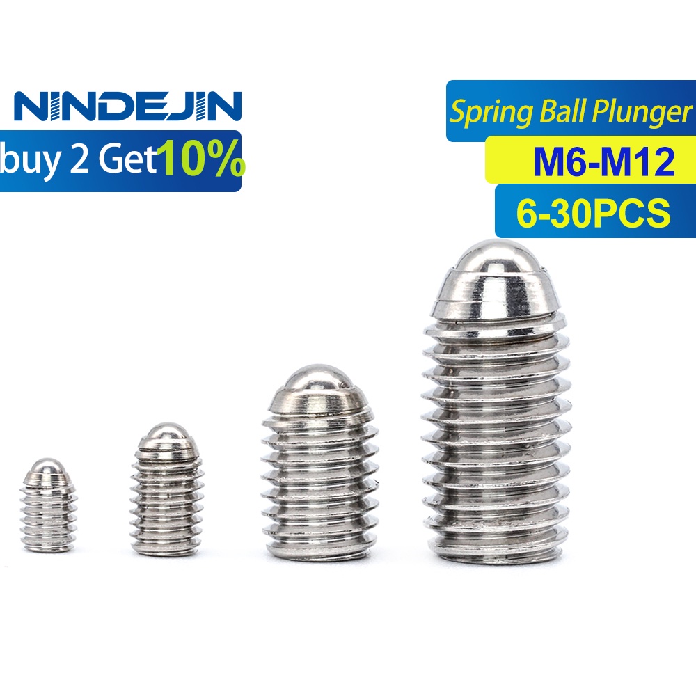 Nindejin 6-30pcs 公制彈簧柱塞六角緊定螺絲 M6 / M8 / M10 / M12 304 不銹鋼球球定