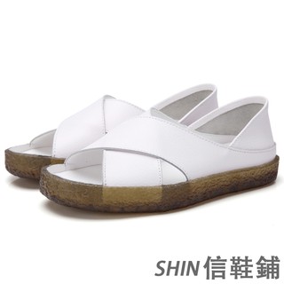 交叉寬頻牛皮平底涼鞋 大尺碼涼鞋 後跟可踩兩穿涼鞋 真皮涼鞋 韓版女生露趾休閒涼鞋 透氣防滑戶外運動涼鞋 不分季節 現貨