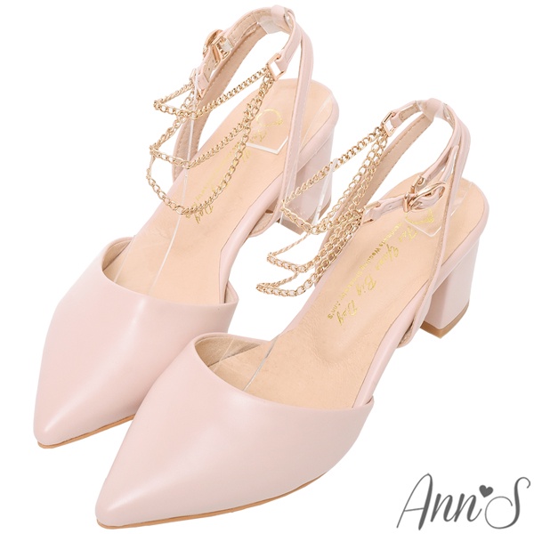 Ann’S優雅心動-腳鍊造型金鍊粗跟尖頭鞋5.5cm-粉