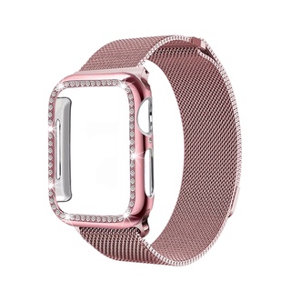 米蘭尼斯錶帶 + 錶殼 適用於 Apple Watch 42mm 38mm 40mm 44mm 不銹鋼錶帶 鑽石保護框