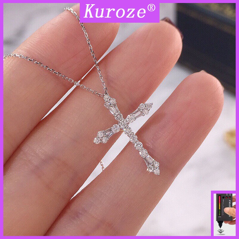 Kuroze 18K鉑金十字架吊墜項鍊莫桑石鎖骨鏈女