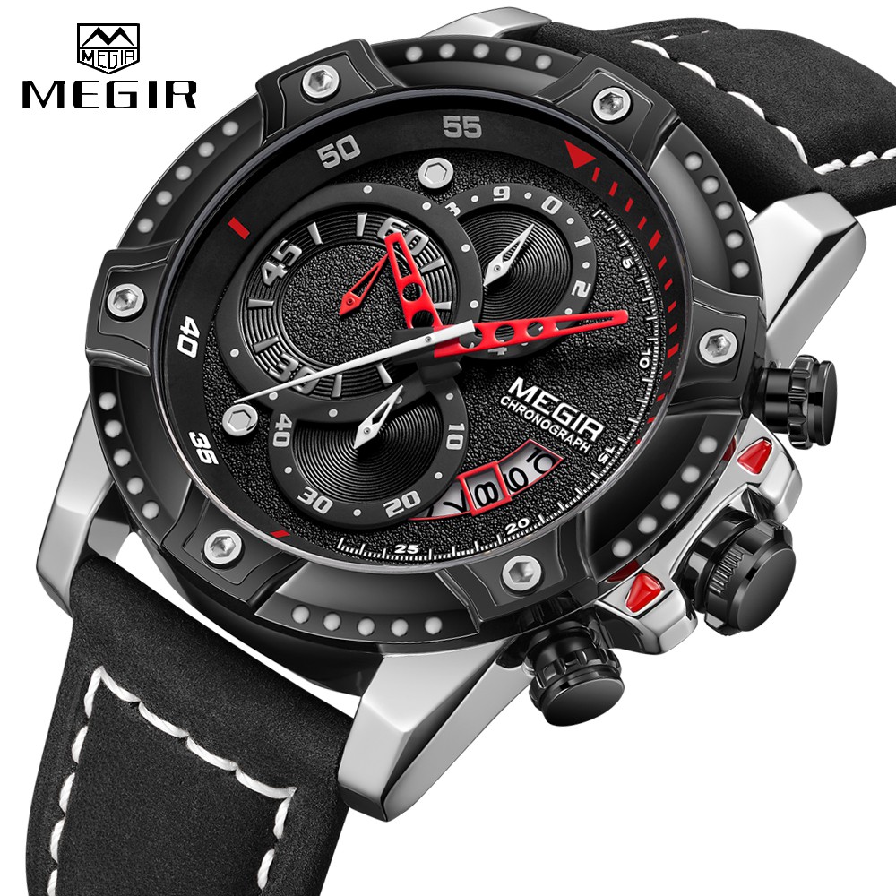 Megir 2130 男士手錶皮革錶帶運動石英鐘 3Bar 防水合金扣多功能手錶