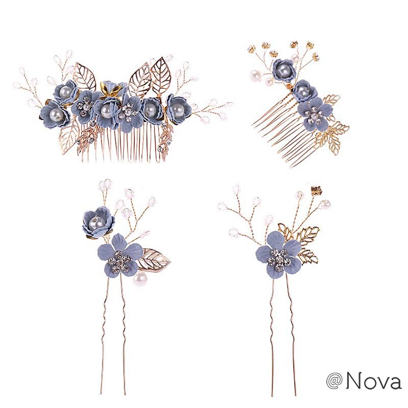 ❤Nova 藍色花朵髮梳髮簪套裝