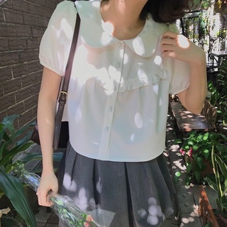 夏季新款學院短款娃娃領襯衫女百搭泡泡袖襯衣小眾設計感上衣