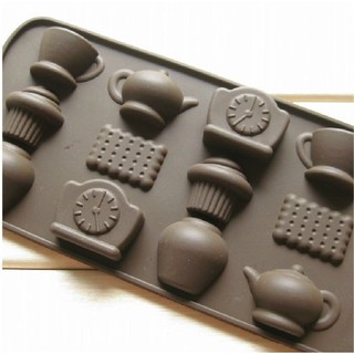 ＊水蘋果＊ A-003 12連 復古茶杯 茶壼 鐘 矽膠模具 巧克力模具 冰格 製冰