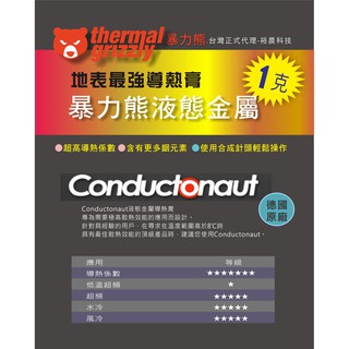 臺灣正式代理-暴力熊 液態金屬1克Thermal Grizzly Conductonaut(K=73) 導熱膏 散熱膏
