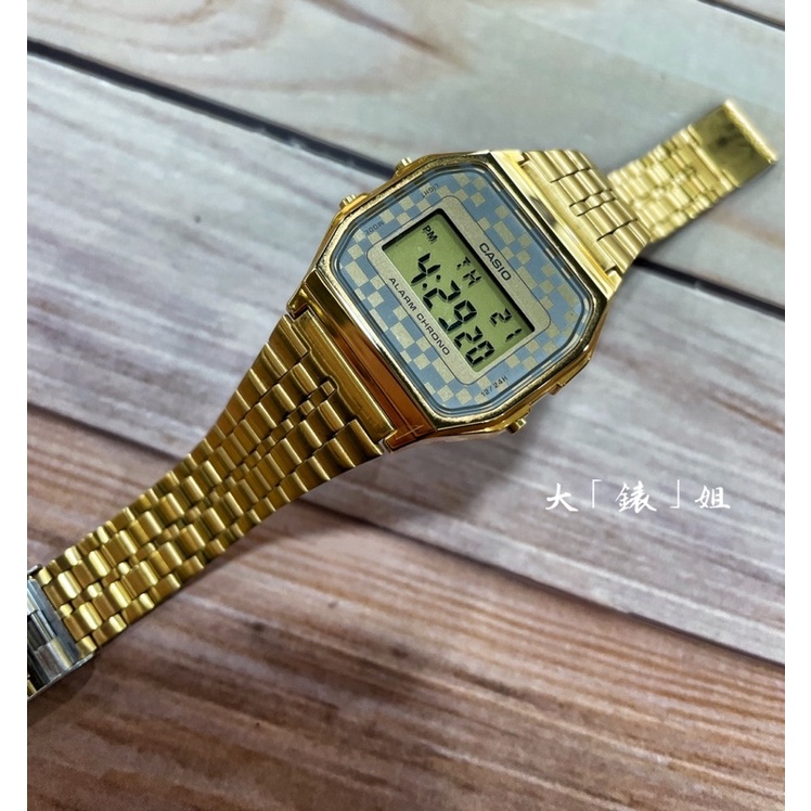 福利品NG-現貨 CASIO 方型電子錶 A-159WGA-9A 金色x咖啡格面 33.2mm