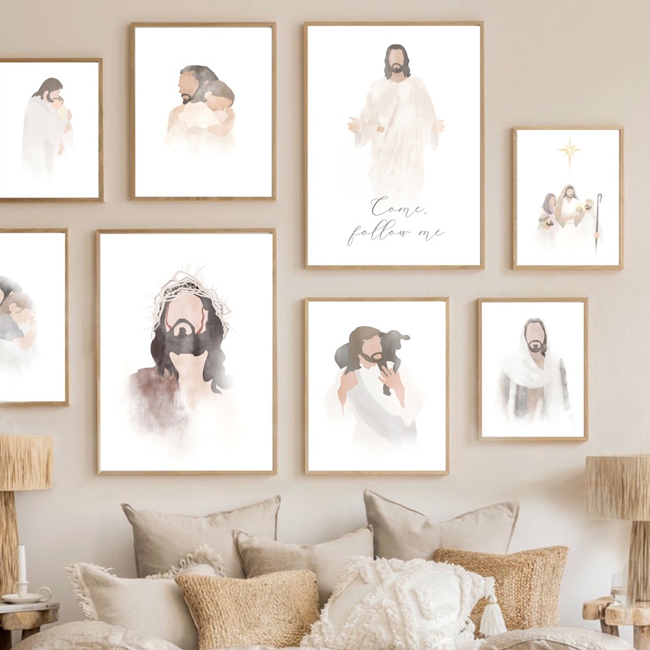 耶穌肖像 基督的擁抱 基督教 水彩 藝術帆布畫 客廳沙發背景掛畫 居家裝飾 玄關民宿臥室餐廳壁貼壁畫 無框畫