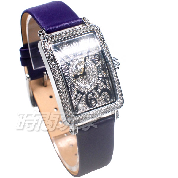 香港古歐 GUOU 閃耀時尚腕錶 G8201銀紫 滿鑽數字錶 長方型 真皮皮革錶帶 銀x紫【時間玩家】