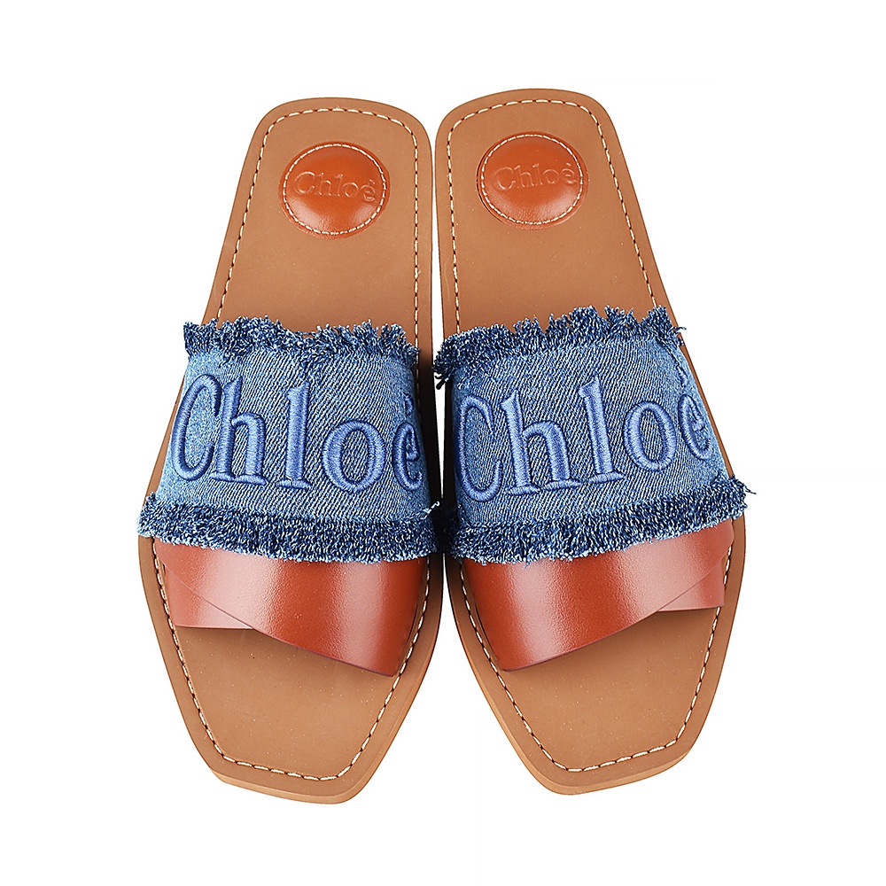 CHLOE Woody藍字刺繡LOGO牛仔布平底穆勒鞋(丹寧藍x棕)
