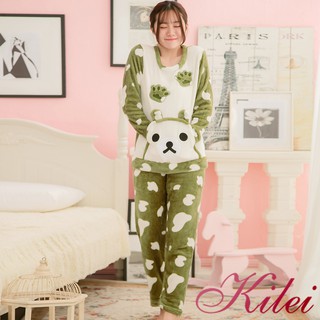【Kilei】女生睡衣 保暖水貂絨 睡衣套裝 水貂絨動物造型斑點長袖二件式睡衣組XA3902-01(個性軍綠)全尺碼