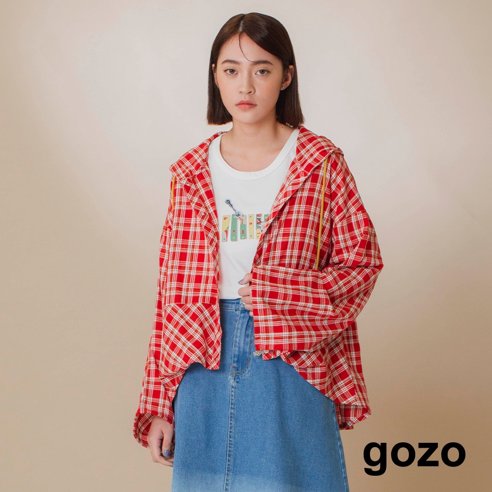 【gozo】➤寬鬆格子連帽襯衫(紅色/深藍_F)｜女裝 百搭 休閒
