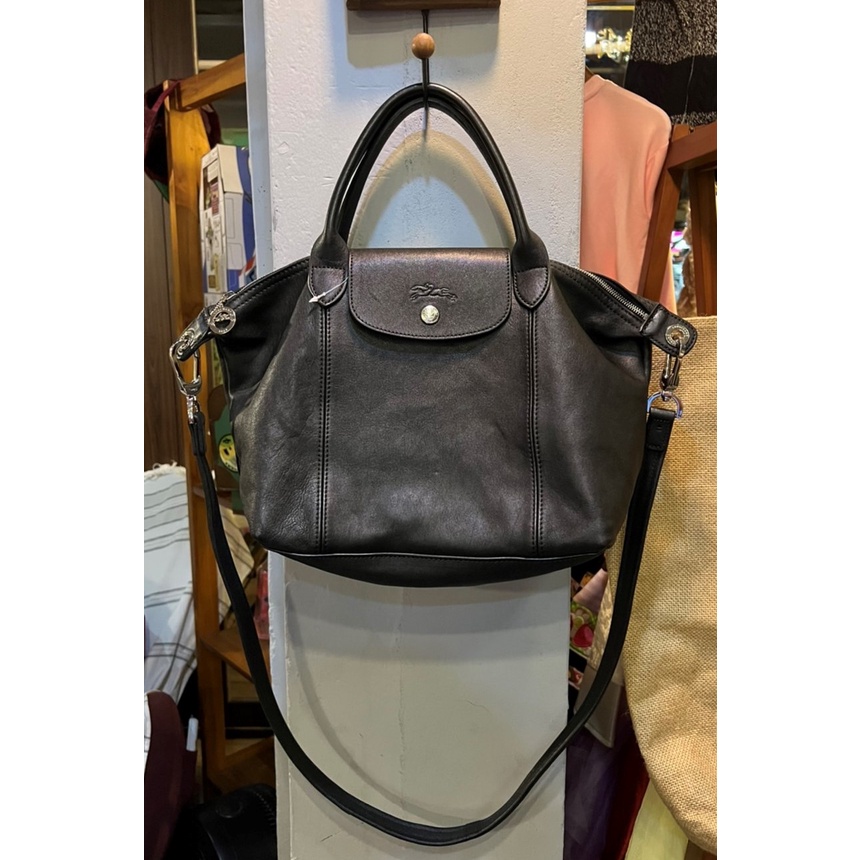 9.99成新 LONGCHAMP 羊皮 兩用水餃包 小 黑色 短把 手提包 斜背包