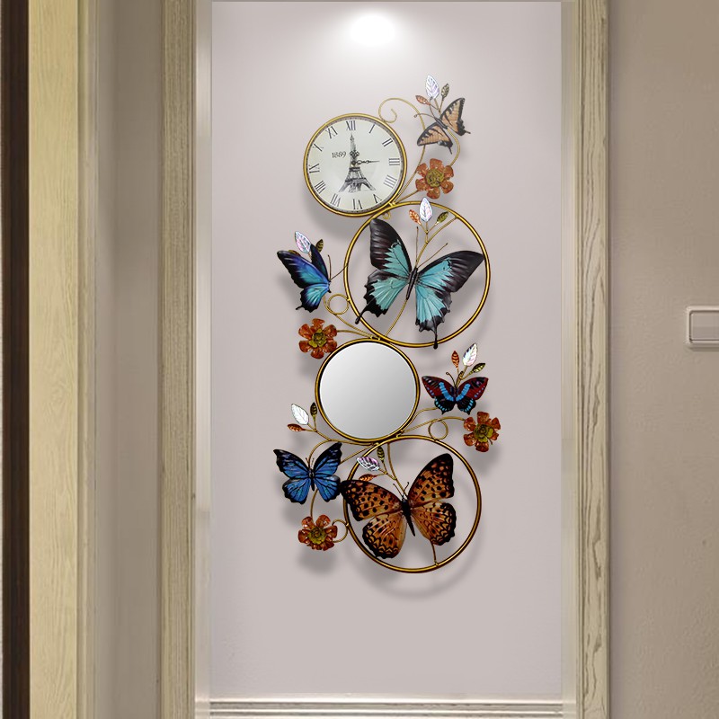 現代歐式墻飾掛飾鐵藝壁飾壁掛立體蝴蝶時鐘掛鐘創意客廳家居裝飾