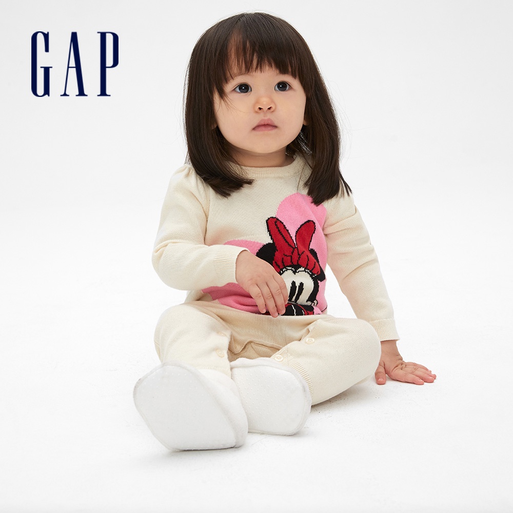 Gap 嬰兒裝 Gap x Disney迪士尼聯名 米妮棉質舒適長袖針織包屁衣-米白色(525892)
